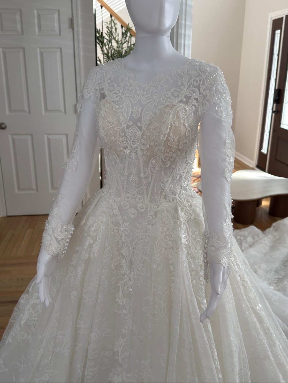 Ivory Long Sleeve Lace Ball Gown Wedding Dress